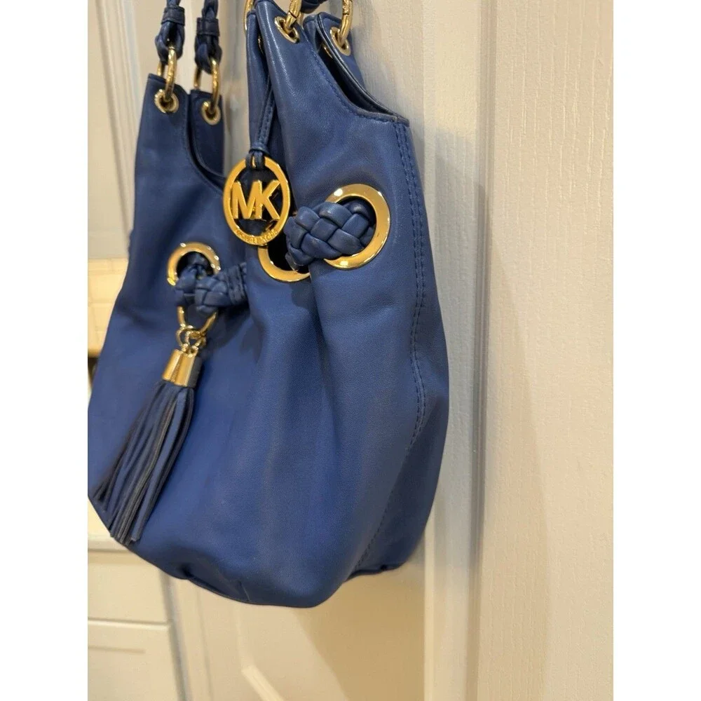 Michael Kors Shoulder Bag Braided Handle Tassel Gold Hardware Logo Charm Blue